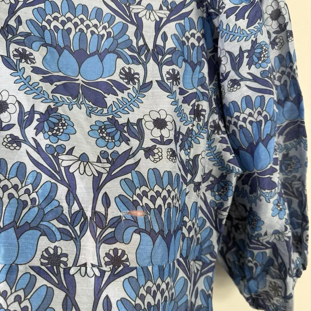 Sandro Yana Blue Floral Mini Dress V-Neck Puff Sleeve Linen READ Womens 40 US 8 - Picture 9 of 9